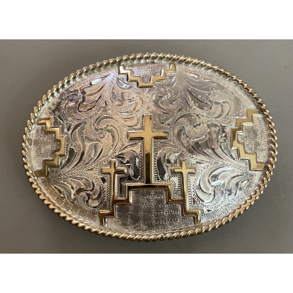 Justin Three Crosses Nick Chavez Coll. Silver/Gold Detail Mexico Belt Buckle